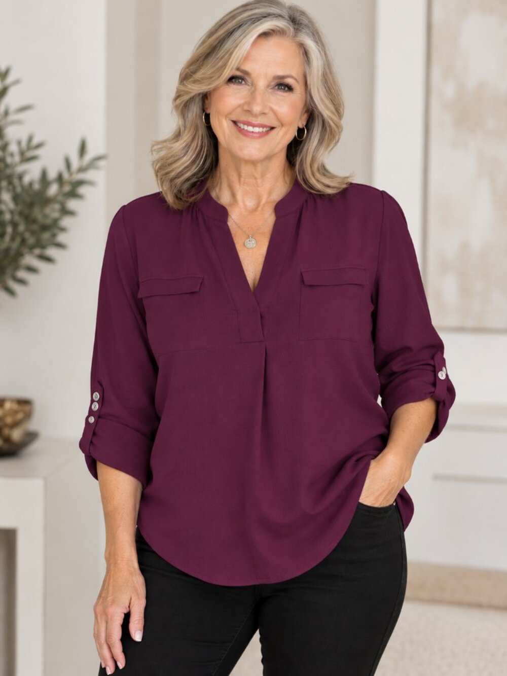 Vince Camuto Plum Roll-Tab Blouse - Large - LIKE NEW